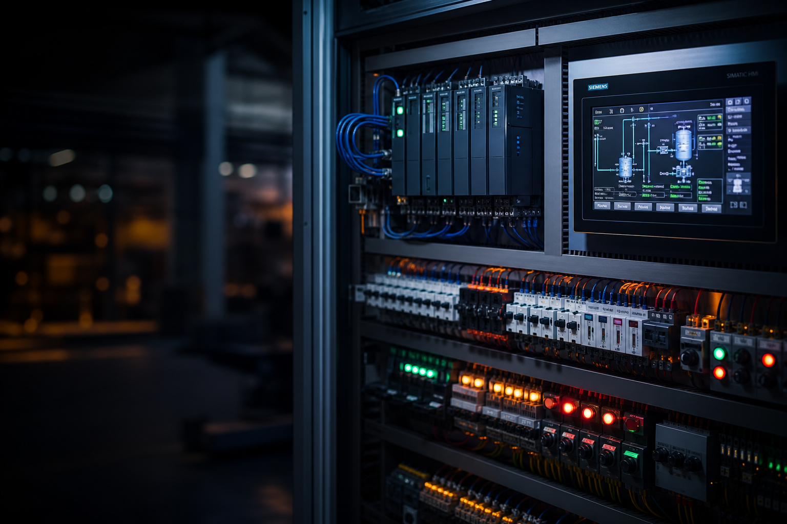 Painel de controle industrial com CLP, IHM e acionamentos elétricos